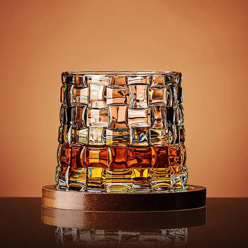 Whiskey Glass Set Crystal Swirl Tumblers with Wooden Base Barware