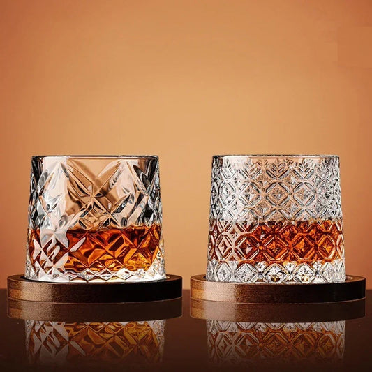 Whiskey Glass Set Crystal Swirl Tumblers with Wooden Base Barware