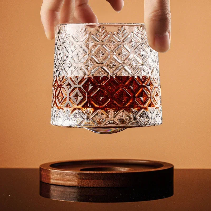 Whiskey Glass Set Crystal Swirl Tumblers with Wooden Base Barware