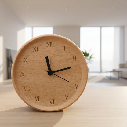 Alarm Clock Wooden Silent Analog Bedside Table Clock